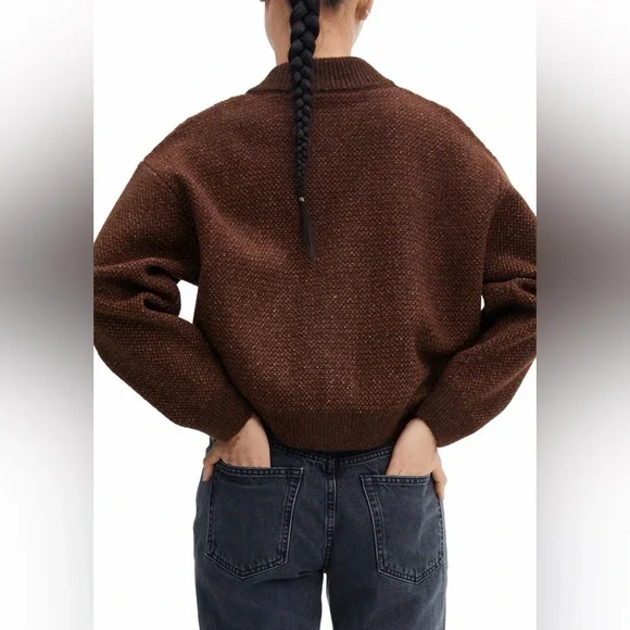 Mng Bomber Cardigan In Dark Brown Size Medium - Picture 2 of 7